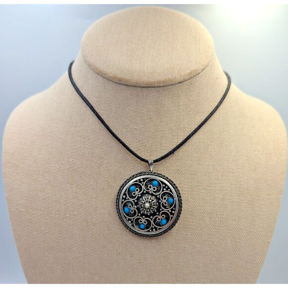 935 Sterling Silver Turquoise Jerusalem Israel Etruscan Revival Brooch Pendant - Picture 4 of 16